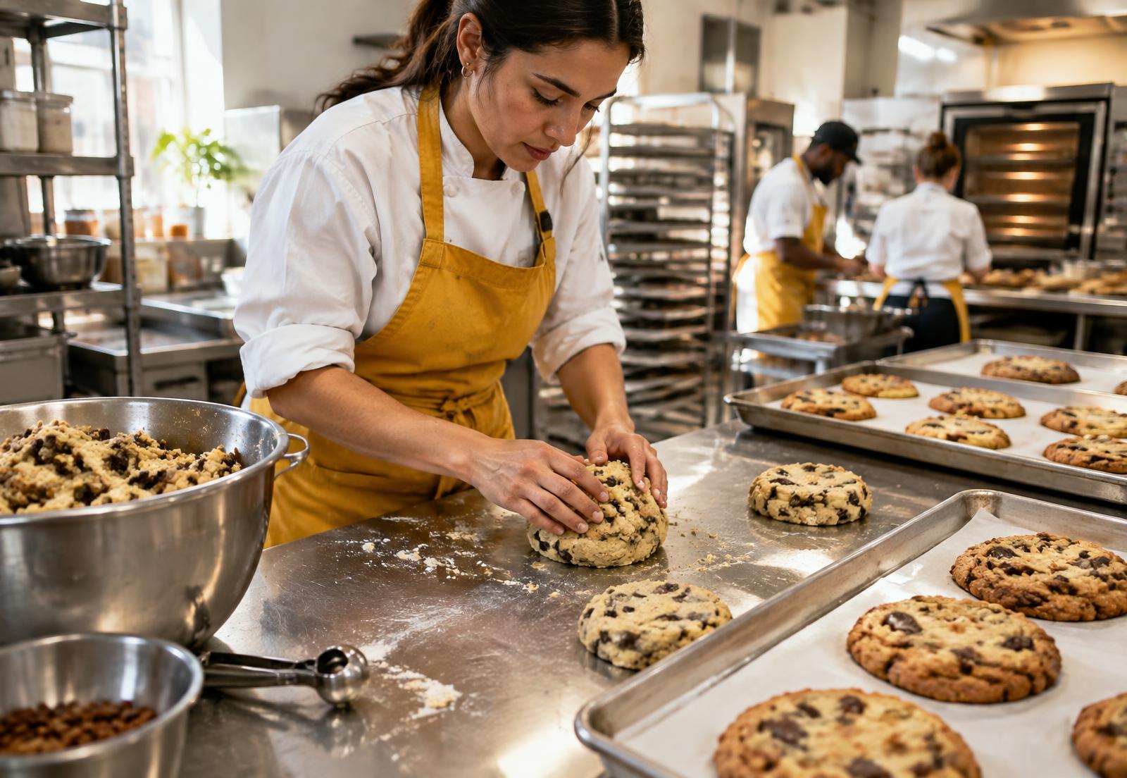 Bakes being prepared in an industrial bakery kitchen
